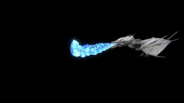 Realistic Dragon flying andspewing blue flames isolated on black with alpha channel. Seamless Loop.
