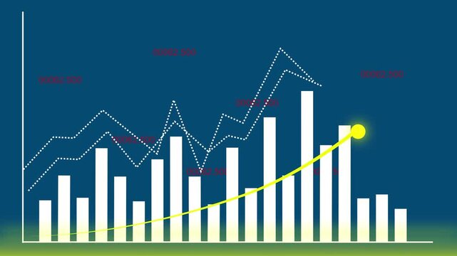 Blue bar chart with dotted line and yellow arrow. Financial growth symbol for corporate success data. Digital bar chart animation for business report.