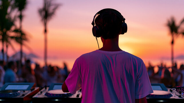 Man disc jockey performing at outdoor beach party during vibrant sunset. DJ playing music on turntable console at night club event. Tropical vacation lifestyle and summer festival sound.