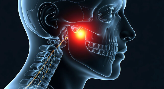 Anatomy illustration of human jaw pain and temporomandibular joint disorder