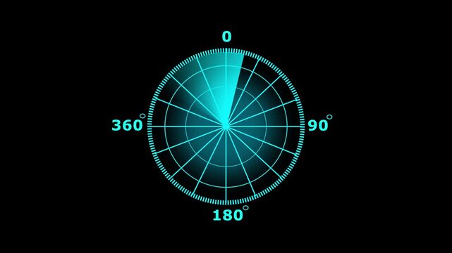 Cyan radar screen with sweep sector sonar detection. Radar screen symbol for navigation and tracking. Digital radar screen animation for tech interface.