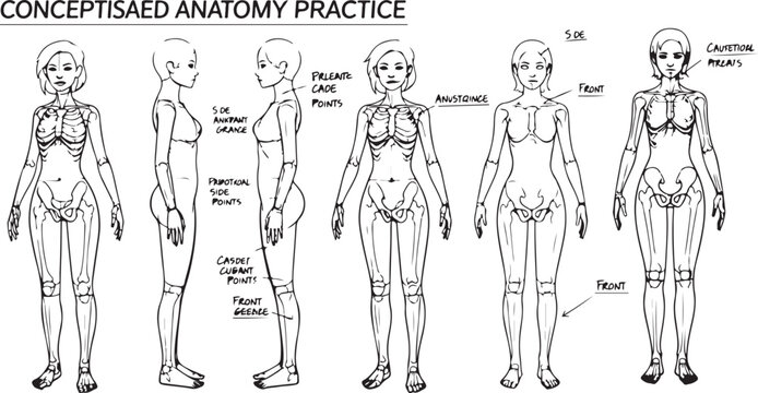 Anime female anatomy character design sheet, conceptised anatomy practice sketches, manga girl body proportions and skeletal structure reference vector