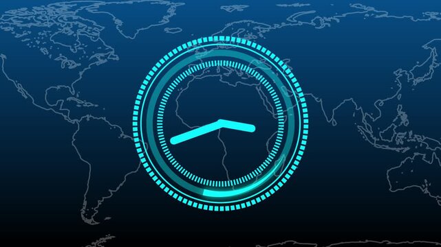 World map with glowing cyan clock interface time. Global network symbol for international time zones. Digital world map animation for worldwide connection.