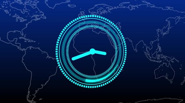 World map with glowing cyan clock interface background. Global network symbol for international schedule. Digital world map animation for worldwide connection.