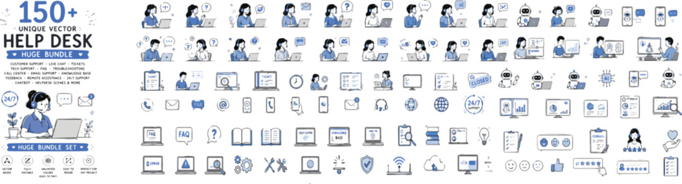 Help desk line icons set, 150 plus customer support vector elements, blue and white call center service symbols for technical assistance and web design
