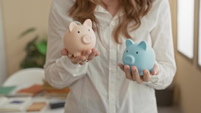 Woman in white shirt holds pink and blue piggy banks in open hands inside building, comparing savings options; savings choice hopeful.