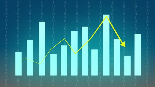 Bar graph with downward trend and binary code. Financial loss symbol for negative corporate performance. Digital bar graph animation for economic failure.