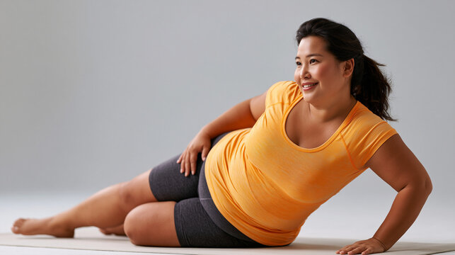 Woman exercising on yoga mat for weight loss. Asian lady with curvy body doing fitness workout. Healthy lifestyle, active habit and sport training concept for body positivity and wellness.