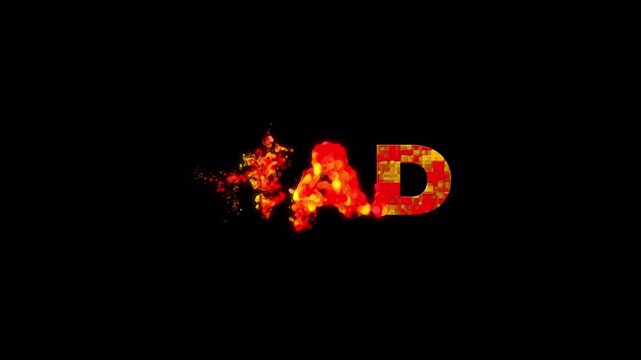 The word "mad" dissolves, turning into particles with a burning effect. A fiery image of destruction. Concepts of crisis, global events, environmental issues, war, collapse, and dramatic transitions.