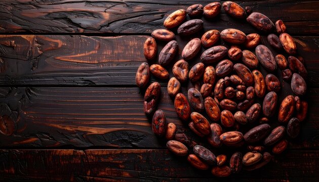 Cocoa beans arranged in fibonacci spiral on dark wood