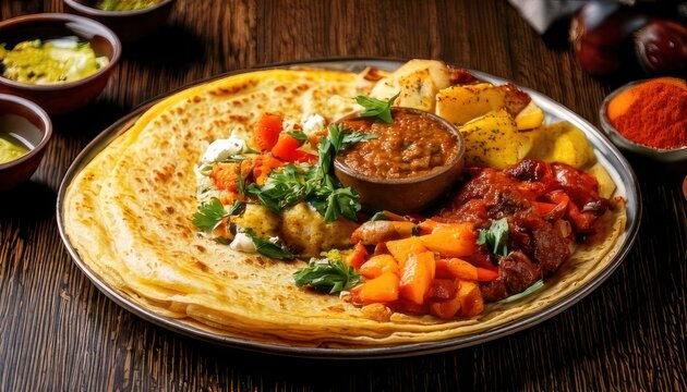Authentic Ethiopian Food Platter with Injera and Various Stews.