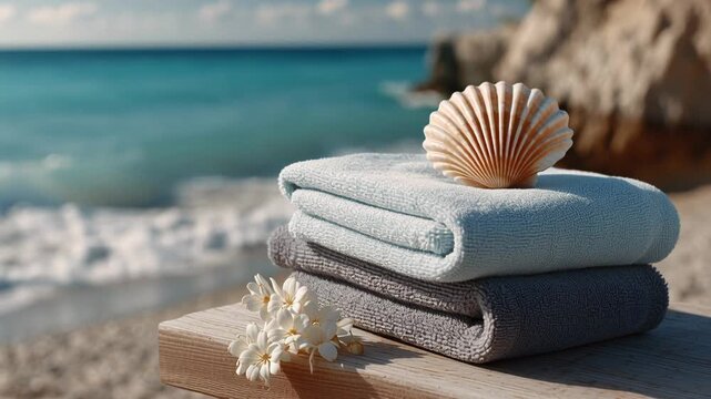 Stacked towels with seashell on beach, turquoise ocean waves, sunlit pebble shore, soft linen texture, serene wellness mood and resort summer vibe