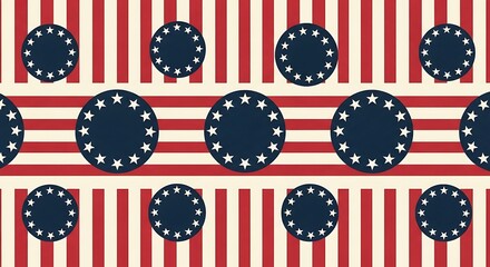 Obraz premium Seamless pattern with black circles featuring white stars over red and white vertical striped background. 13 colonies flag 