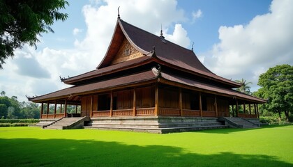 Obraz premium Traditional Minangkabau house, Rumah Gadang, stands on green grass field under blue sky with clouds. Wooden structure shows ornate roof and pillars.