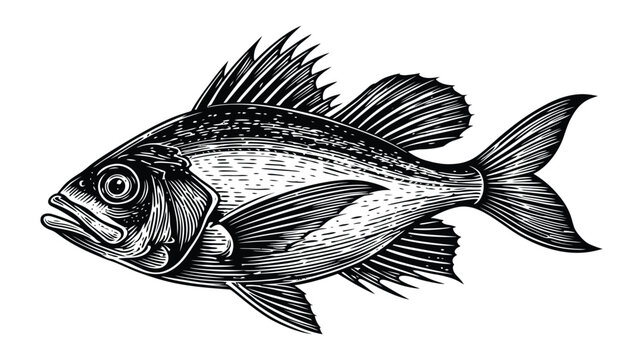 Detailed engraving style drawing of a perch-like freshwater fish