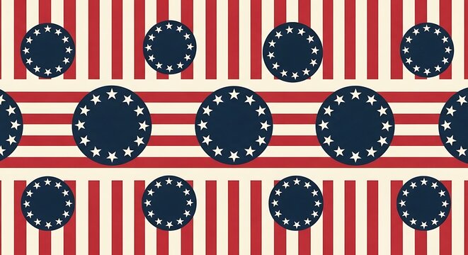 Seamless pattern with black circles featuring white stars over red and white vertical striped background. 13 colonies flag 