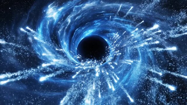 A swirling blue vortex pulls in bright streaks of light around a black hole in space.