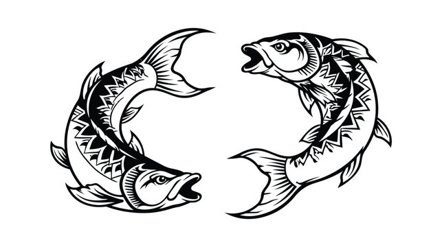 Two stylized fish engraving black and white facing each other