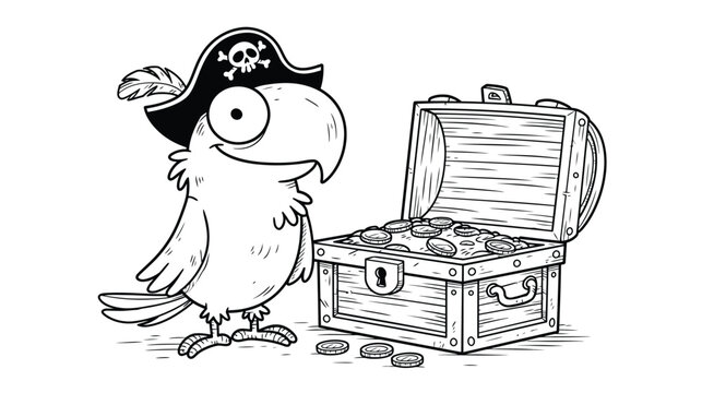 Cartoon parrot with pirate hat next to open treasure chest of gold
