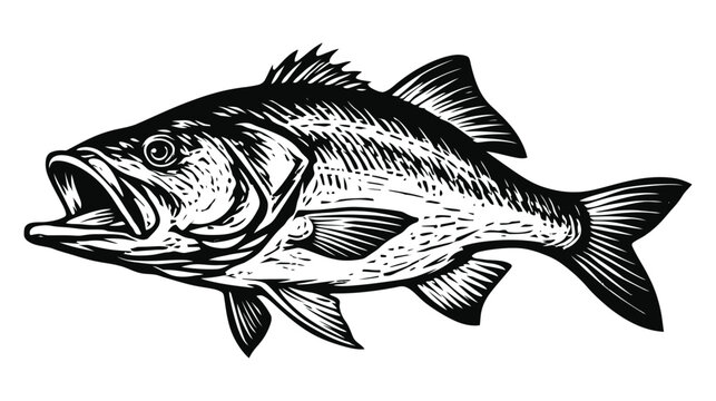 Engraved bass fish with open mouth and detailed scales, freshwater