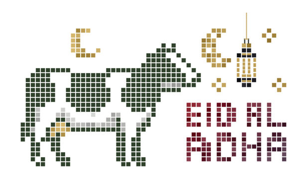 Pixel mosaic cow islamic eid al adha decorative lantern and crescent festive illustration background