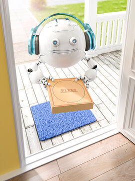 3D rendering, Little drone with headphones delivering pizza