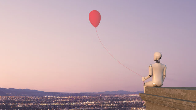Back view of robot sitting on edge of a roof with a balloon, 3D Rendering