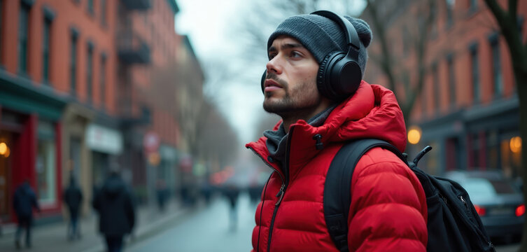 Young man in red jacket and grey beanie listens to music with black headphones. He walks on city street with backpack in cold weather. Blurred buildings and cars in background.
