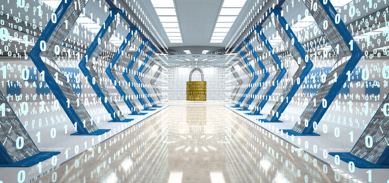 Futuristic digital room with padlock and binary code, 3d illustration