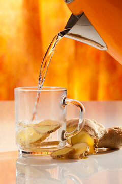 Ginger tea with hot water, close up