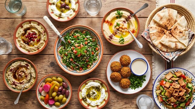 Middle Eastern mezze appetizers on rustic wood table, traditional Lebanese food spread with hummus and falafel, Mediterranean dining table