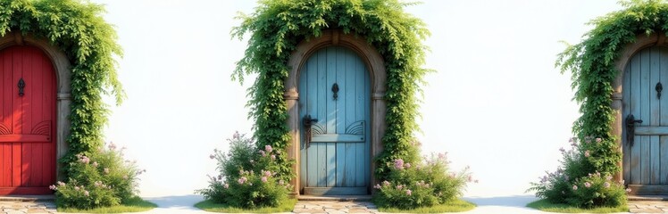 Fototapeta premium Three arched garden doors, red blue and grey, entwined with green ivy and blooming pink flowers. Rustic wooden entrances on cobblestone path lead to secret passageways.