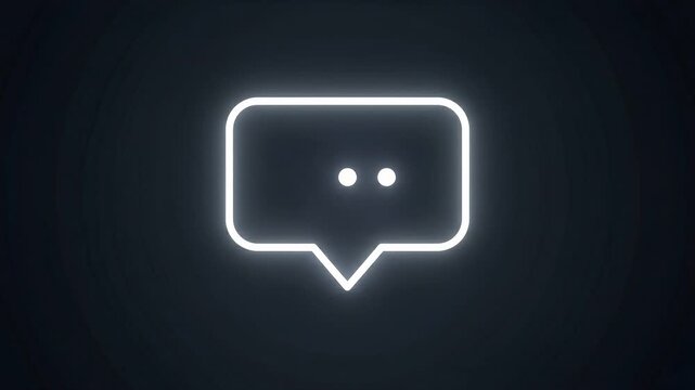 Glowing neon message bubble icon animating with typing dots and pin elements on a dark background
