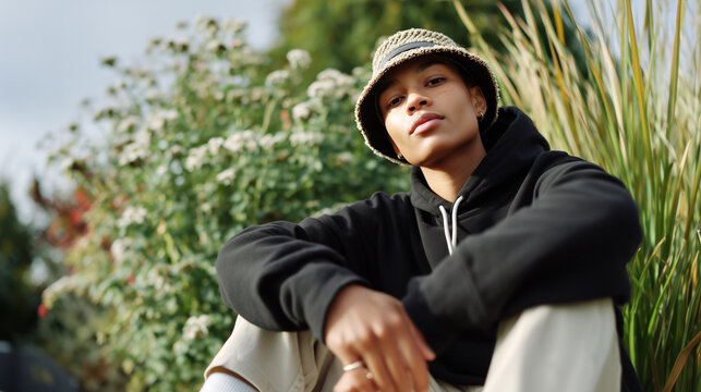Young confident model wearing black hoodie and bucket hat sitting outdoors in urban park. Eco-conscious street fashion, sustainable casual style, green nature background, modern youth lifestyle.