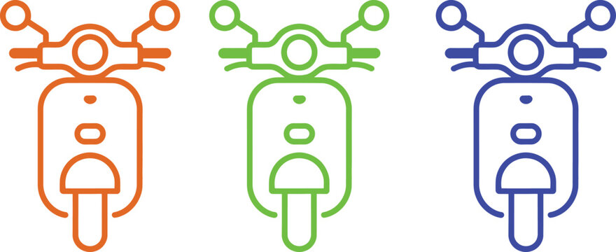 Three differently colored outlined scooter illustrations side by side