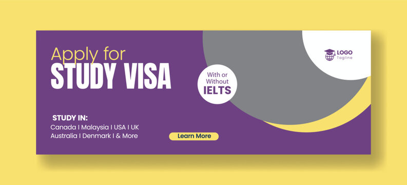 Study Abroad Promotional Advertising Banner for social media cover header design,Global Education Opportunities, University Admission, Student Visa Assistance, Learning Program Marketing banner Design