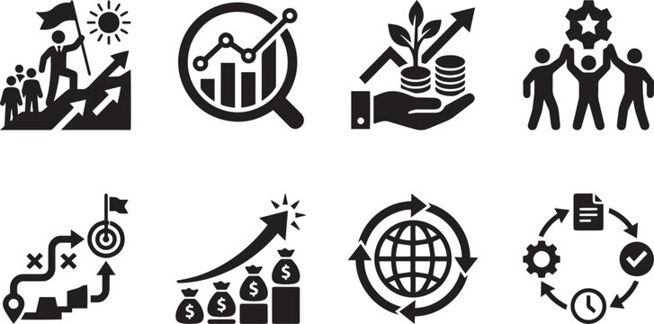Business financial data analytics growth trend forecasting and capital investment return optimization solid glyph icons set with leader leading group to the top ascending bar chart with magnifying gla