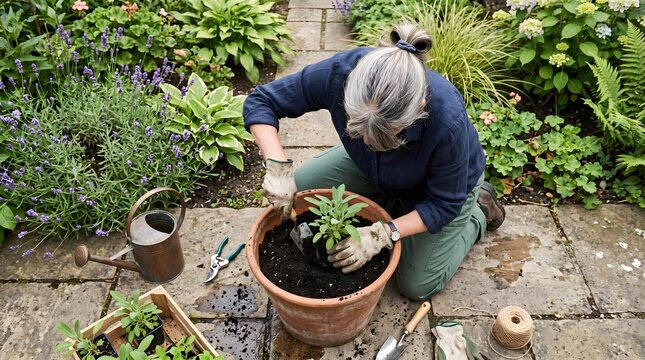  A dedicated gardener kneels on the damp stone path, carefully firming soil around a young plant in a large terracotta pot, surrounded by tools, twine, and a watering can in a thriving cottage g