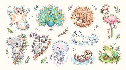 A charming collection of cute cartoon animals, including a sugar glider, peacock, pangolin, flamingo, koala, lemur, jellyfish, seal, otter, and frog. © Terra