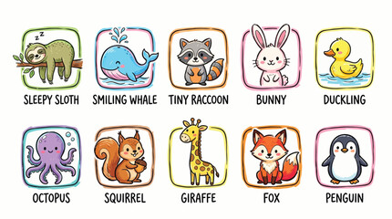 Fototapeta premium Collection of Cute Cartoon Animals in Square Frames with Labels.