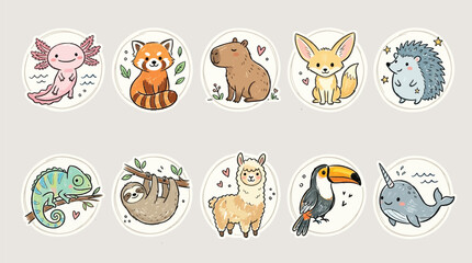 Fototapeta premium Collection of cute cartoon animals in circles, including an axolotl, red panda, capybara, fennec fox, hedgehog, chameleon, sloth, alpaca, toucan, and narwhal.