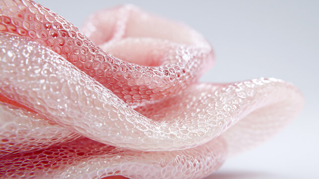 Artificial skin translucent biomaterial macro, curved honeycomb cellular mesh texture, pink glossy tissue layers, medical prosthetics transplant biotechnology engineering research concept