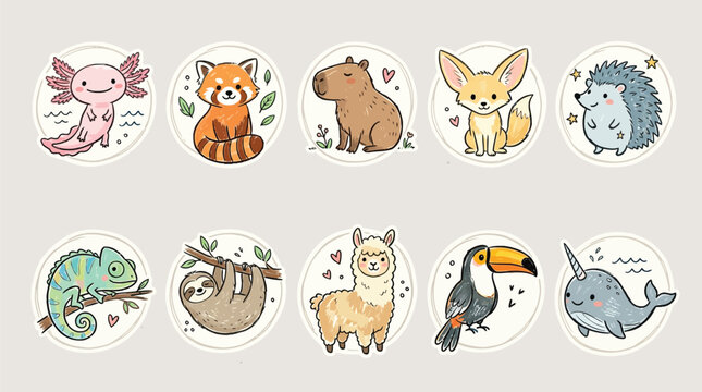 Collection of cute cartoon animals in circles, including an axolotl, red panda, capybara, fennec fox, hedgehog, chameleon, sloth, alpaca, toucan, and narwhal.
