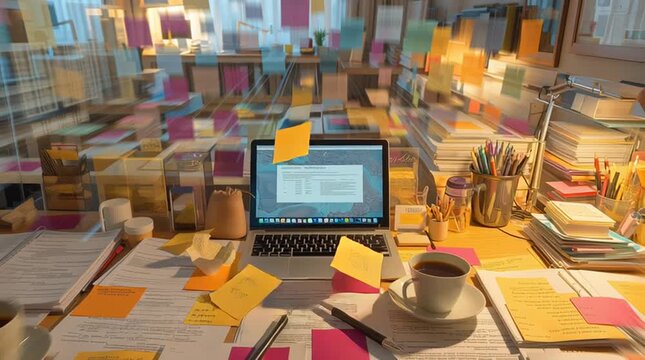 Messy office desk with laptop, coffee cups, and chaotic blur of colorful sticky notes representing workload stress