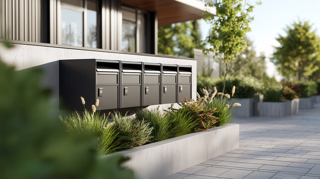 Row of modern dark metal mailboxes mounted on residential building wall above stone planter with ornamental grass. Premium urban courtyard infrastructure with paved pathway and green landscaping.