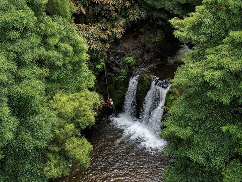 Aerial view of a person canyoning down a waterfall in Parque Natural da Ribeira dos Caldeiroes surrounded by lush green vegetation in Achada, Acores, Portugal.