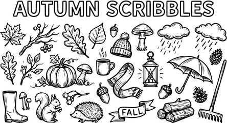 Hand-drawn Black and White Line Art Autumn Scribbles Collection. Vector Set of Fall Season Elements, Nature, Animals, and Weather Doodles. © arulumia