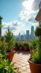 Fototapeta premium City rooftop garden with potted plants herbs vegetables. Sunny sky clouds urban landscape cityscape skyline view. Growing green space outdoor terrace balcony.