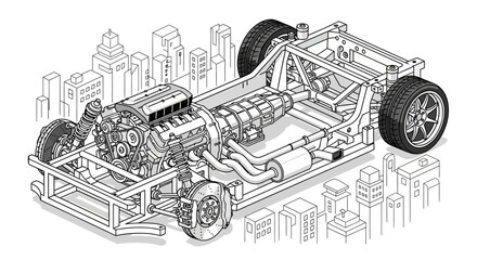 Obraz premium Vehicle Design Blueprint in Urban Environment - Technical Illustration Viewpoint