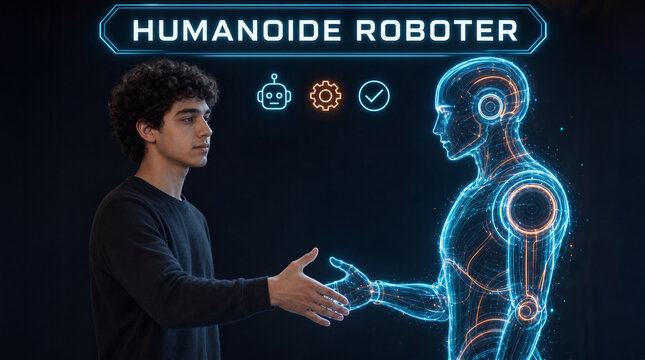 Humanoide Roboter &ndash; Mann reicht holografischem Roboter die Hand mit Schriftzug und Icons K&uuml;nstliche Intelligenz Robotik Konzept
